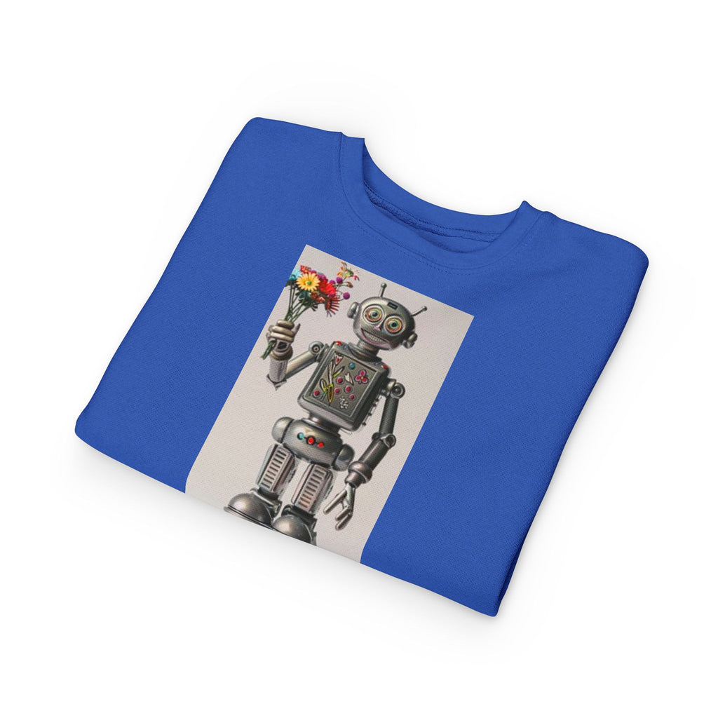 Retro Robot Toddler Sweatshirt — Cute Robot Holding Flowers Graphic