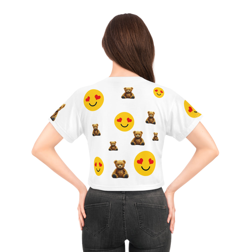 Teddy Bear & Heart Eyes Emoji Crop Tee — Cute Playful Graphic Top