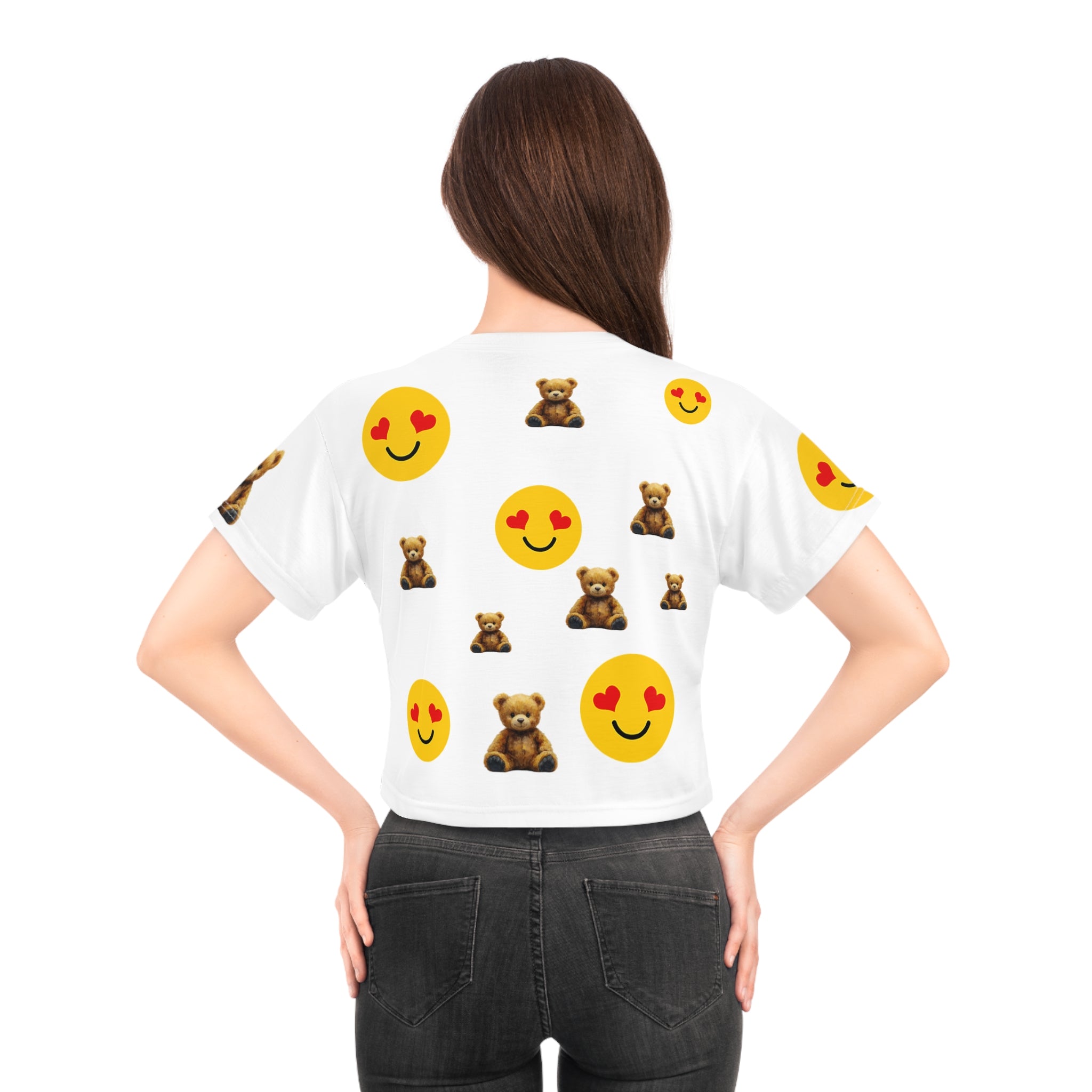Teddy Bear & Heart Eyes Emoji Crop Tee — Cute Playful Graphic Top