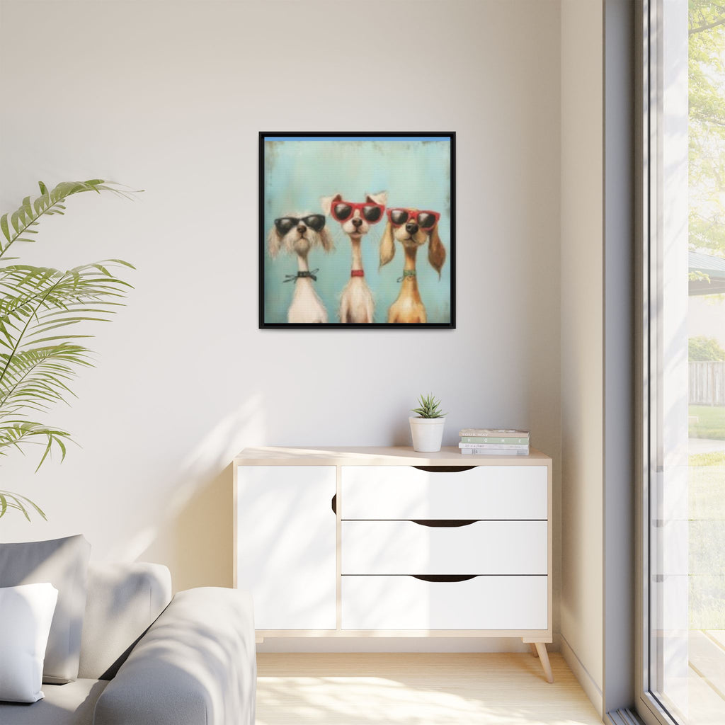 Framed Matte Canvas — Three Cool Dogs in Sunglasses Wall Art