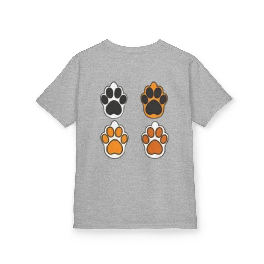 Kids Cat Paw T-Shirt — Cute Kitten Row Front & Paw Prints Back