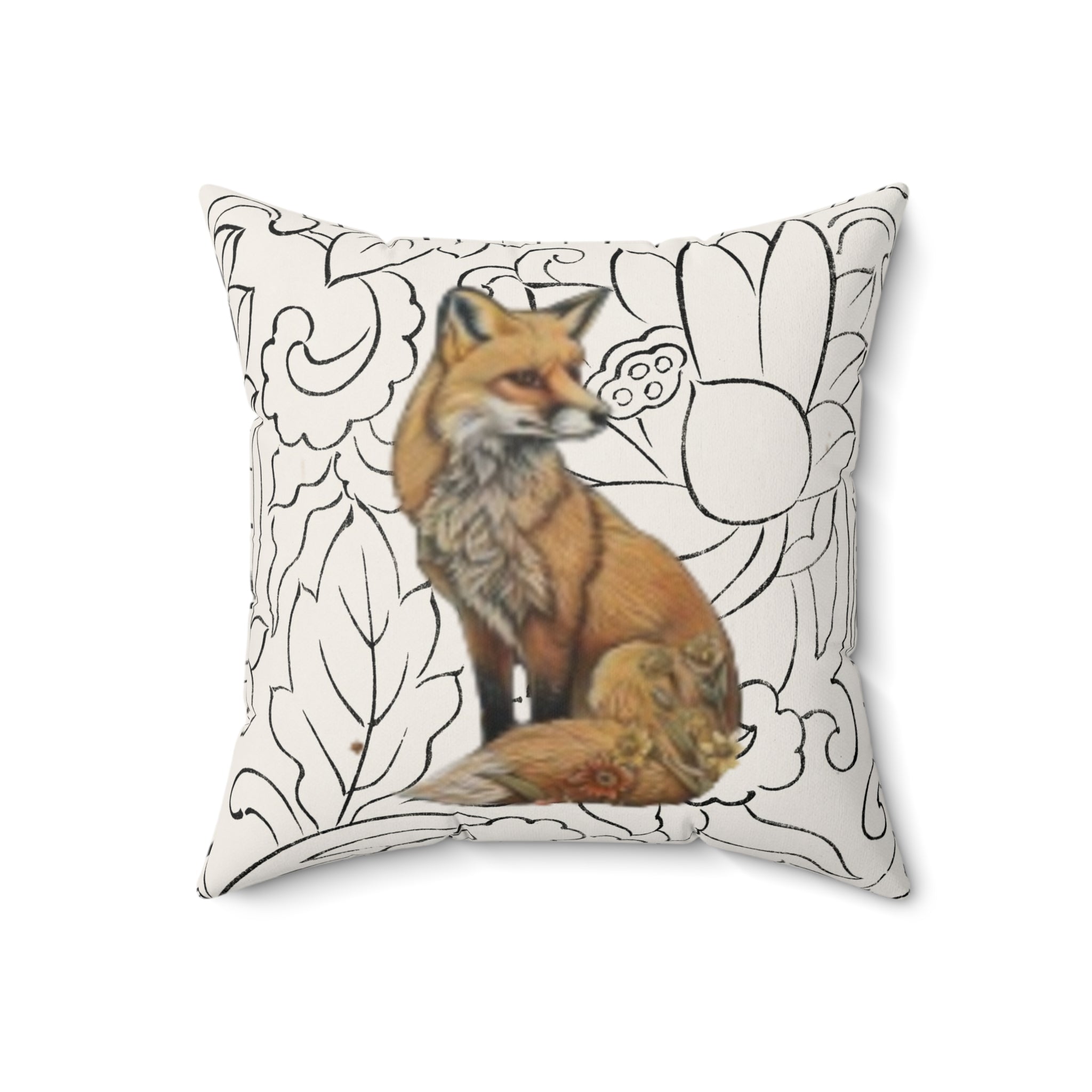 Decorative Throw Pillow — Fox & Sun Patterned Floral & Animal Print Square Accent Cushion