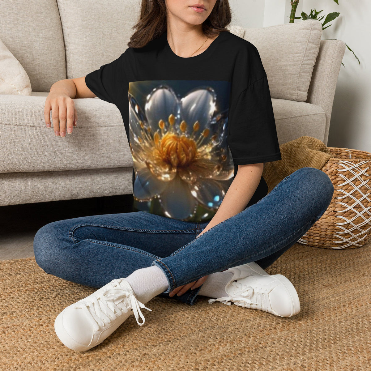 Floral Glass Bloom T-Shirt — Luminous Water-Drop Flower Graphic Tee