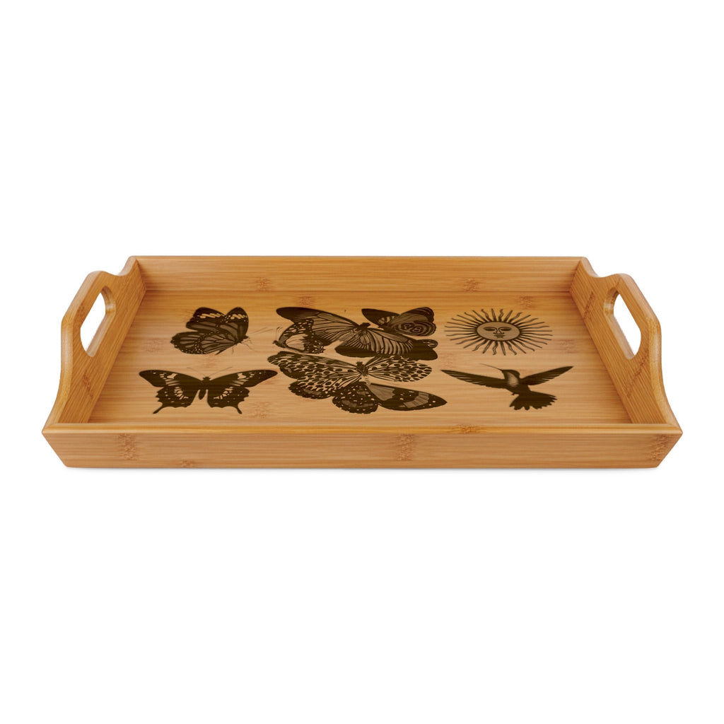 Engraved Bamboo Serving Tray with Hummingbird Silhouette — Rustic Wildlife Entertaining Tray