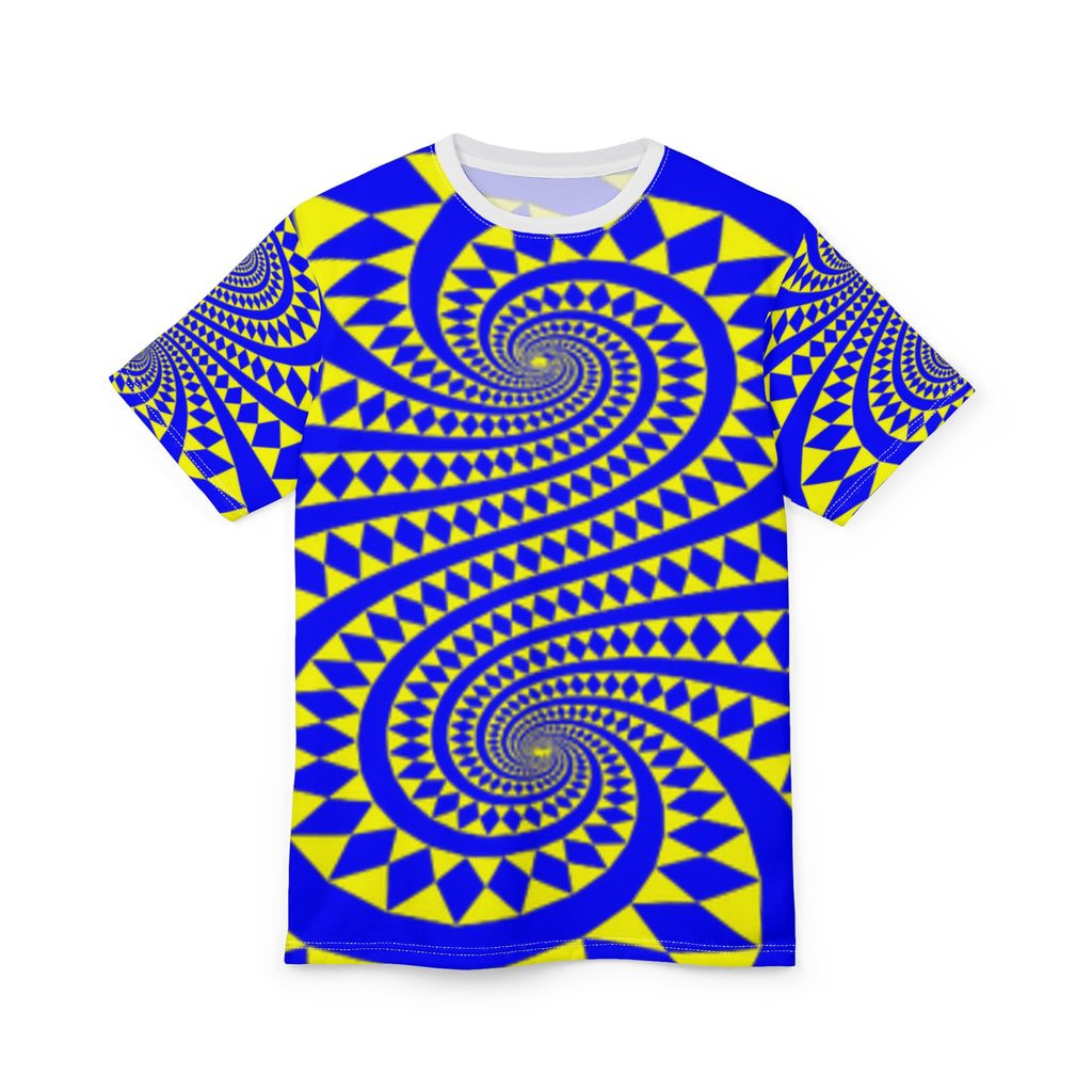 Psychedelic Spiral All-Over Print T-shirt— Blue & Yellow Optical Illusion Shirt