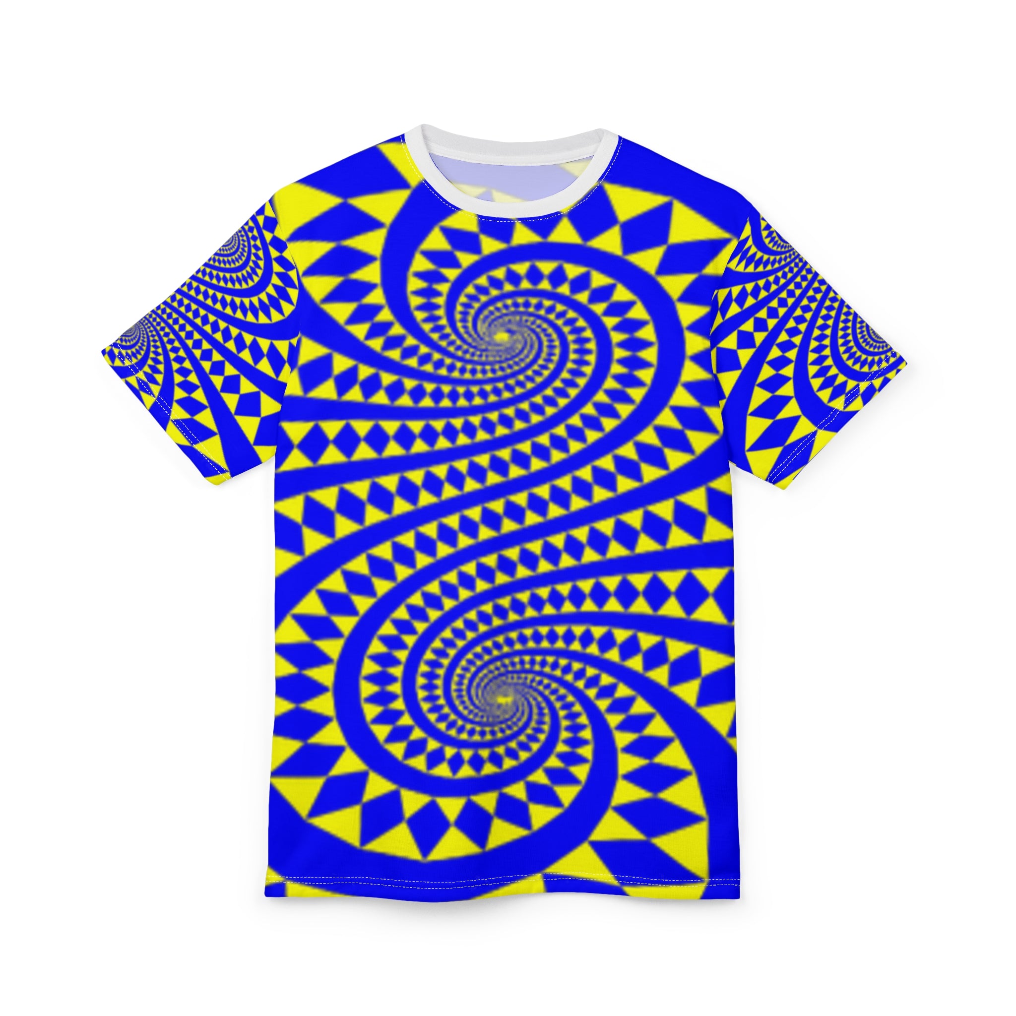 Psychedelic Spiral All-Over Print T-shirt— Blue & Yellow Optical Illusion Shirt