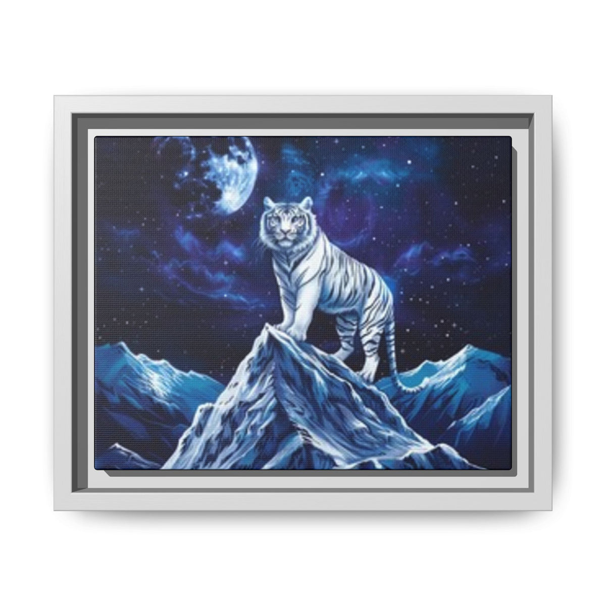 Framed Matte Canvas - White Tiger on Moonlit Mountain