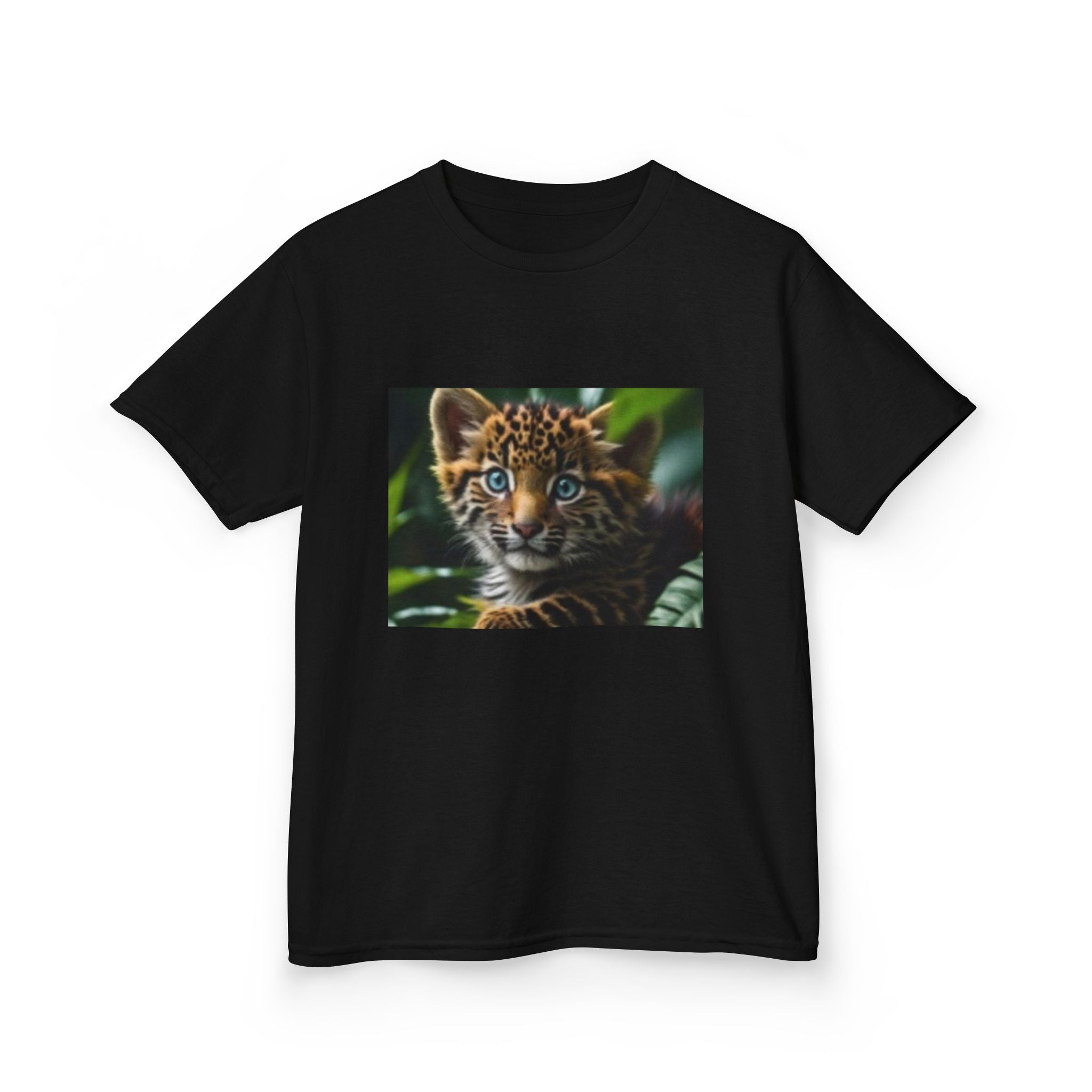 Kids T-shirt— Cute Tiger Cub Photo Front & Rainbow Heart Back Graphic
