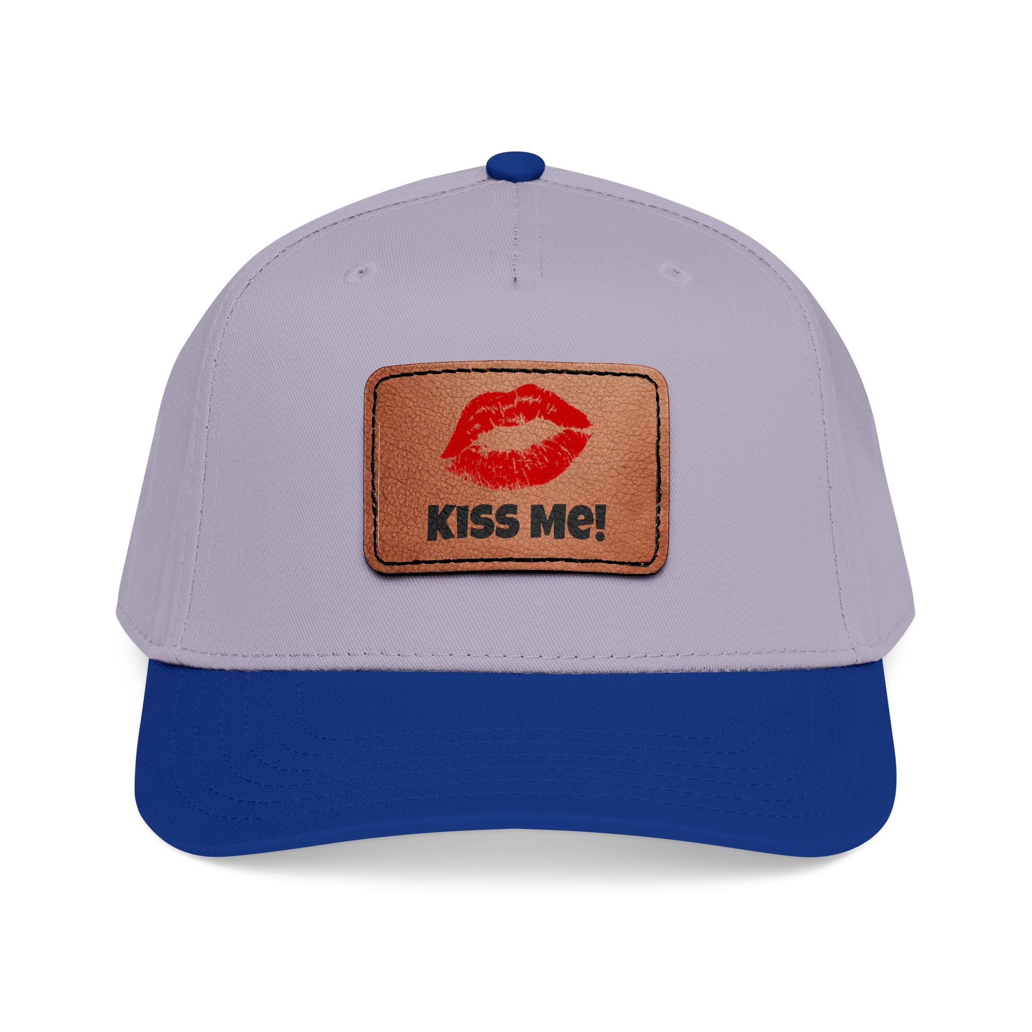 Kiss Me Red Lips Leather Patch Baseball Cap — Mid Profile Hat with Lip Print