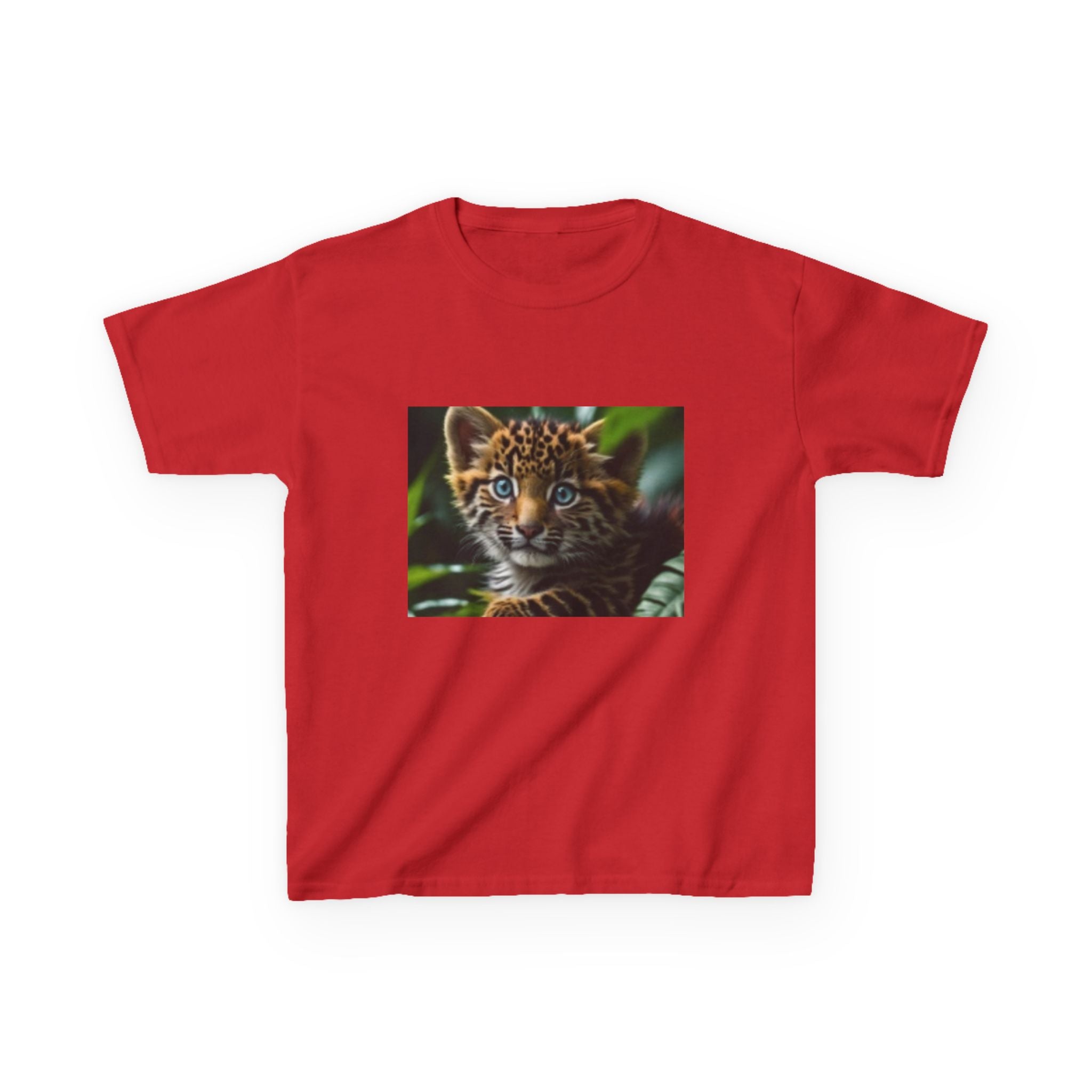 Kids T-shirt— Cute Tiger Cub Photo Front & Rainbow Heart Back Graphic