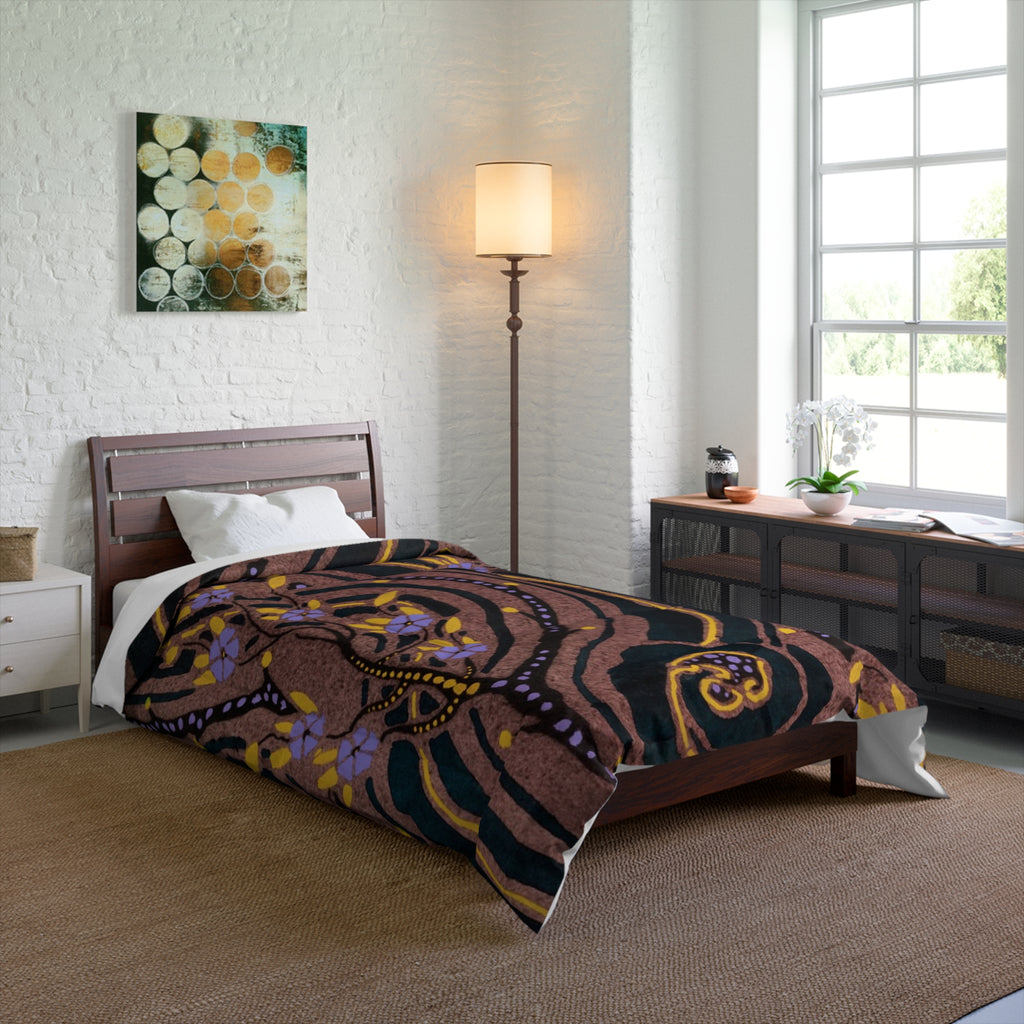 Bohemian Swirl Floral Comforter — Purple & Gold Abstract Bedspread