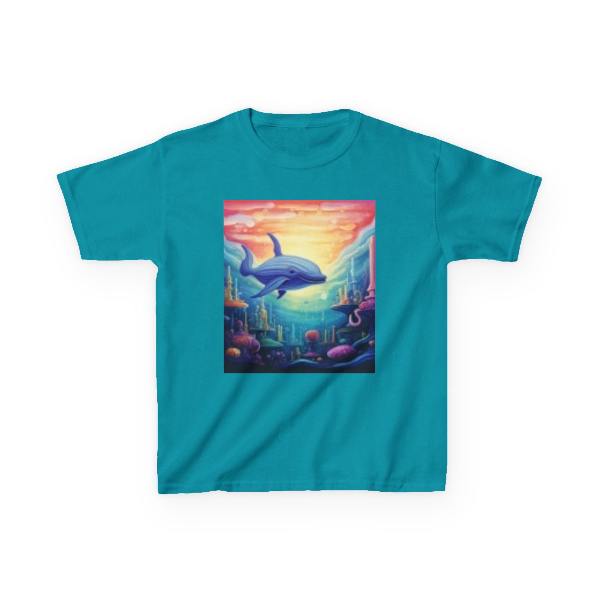 Kids Dolphin Sunset & Shells T-Shirt — Colorful Underwater Ocean Scene