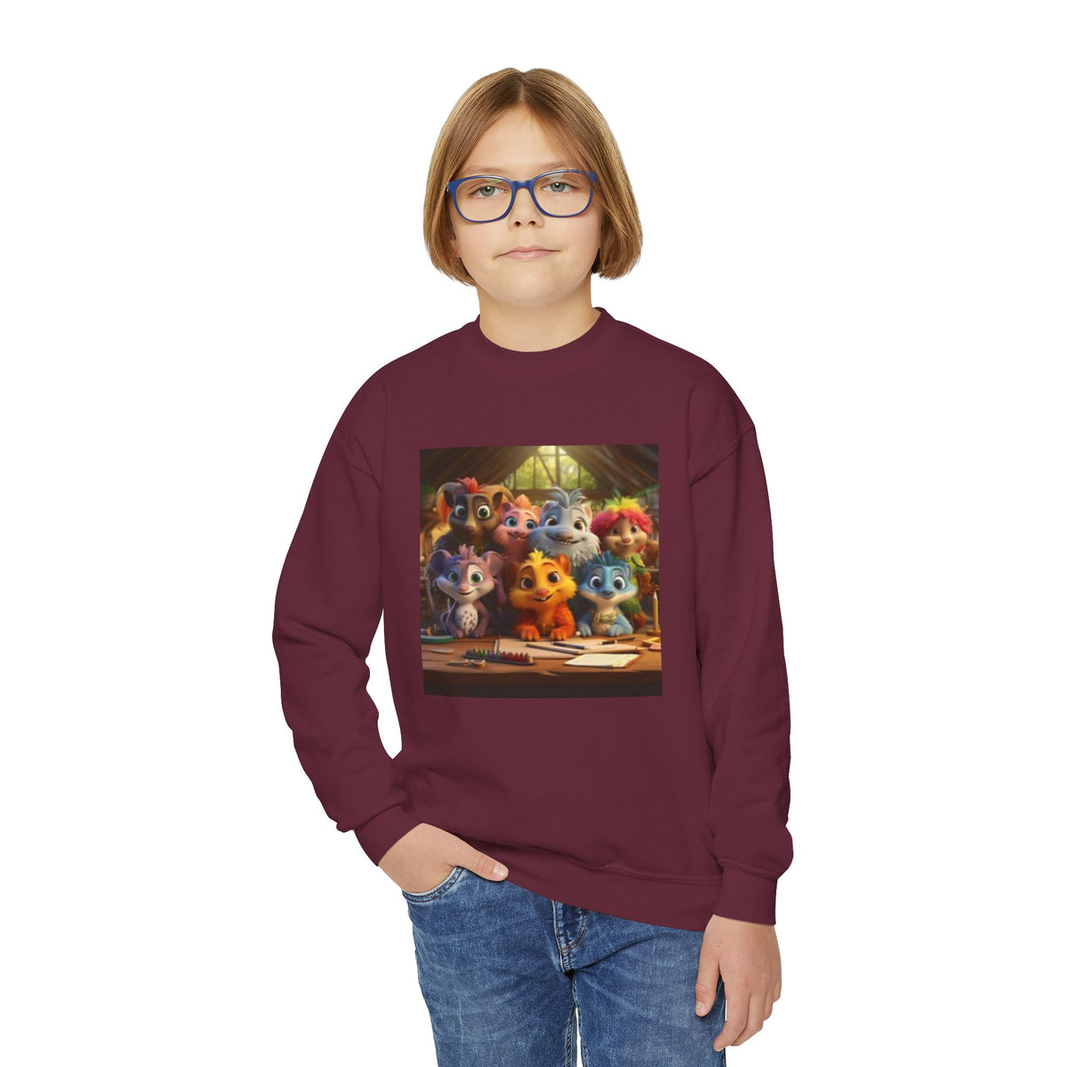 Youth Crewneck Sweatshirt — Colorful Cartoon Kittens Group Graphic