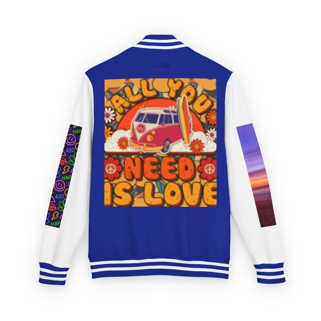 Letterman Jacket — Retro 'All You Need Is Love' Hippie Van & Cannabis Leaf Design