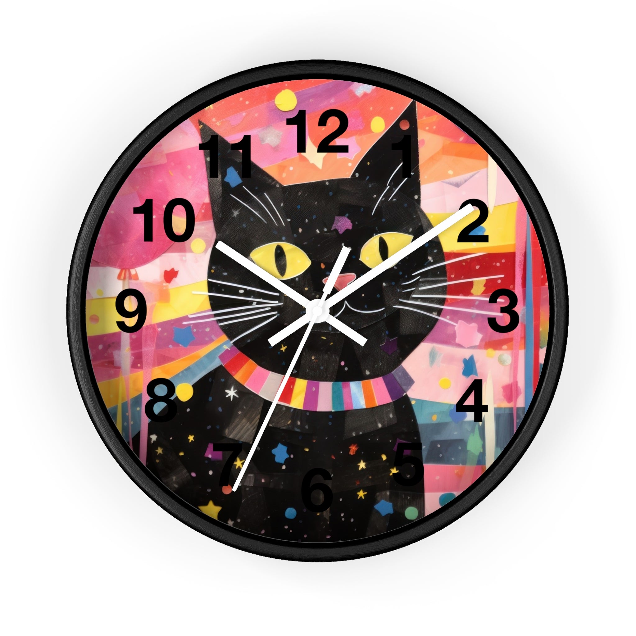 Black Cat Wall Clock — Colorful Retro Cat Clock with Yellow Eyes