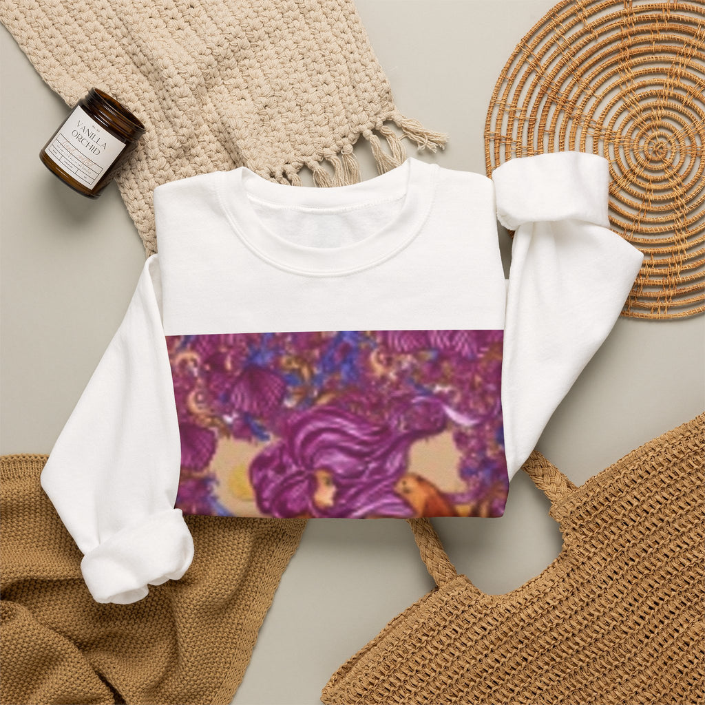 Mermaid & Fox Art Crewneck Sweatshirt — Whimsical Purple Mermaid Illustration