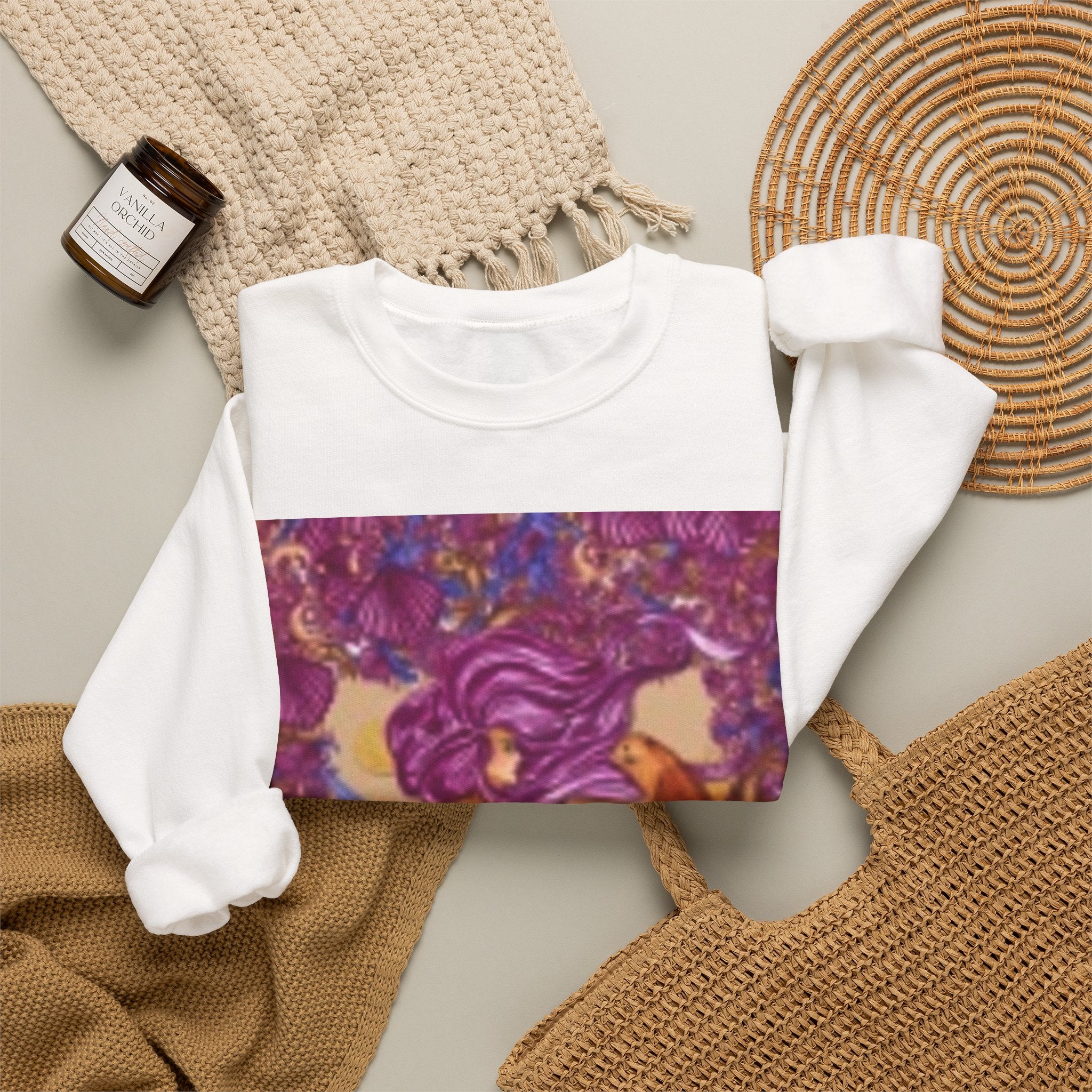 Mermaid & Fox Art Crewneck Sweatshirt — Whimsical Purple Mermaid Illustration