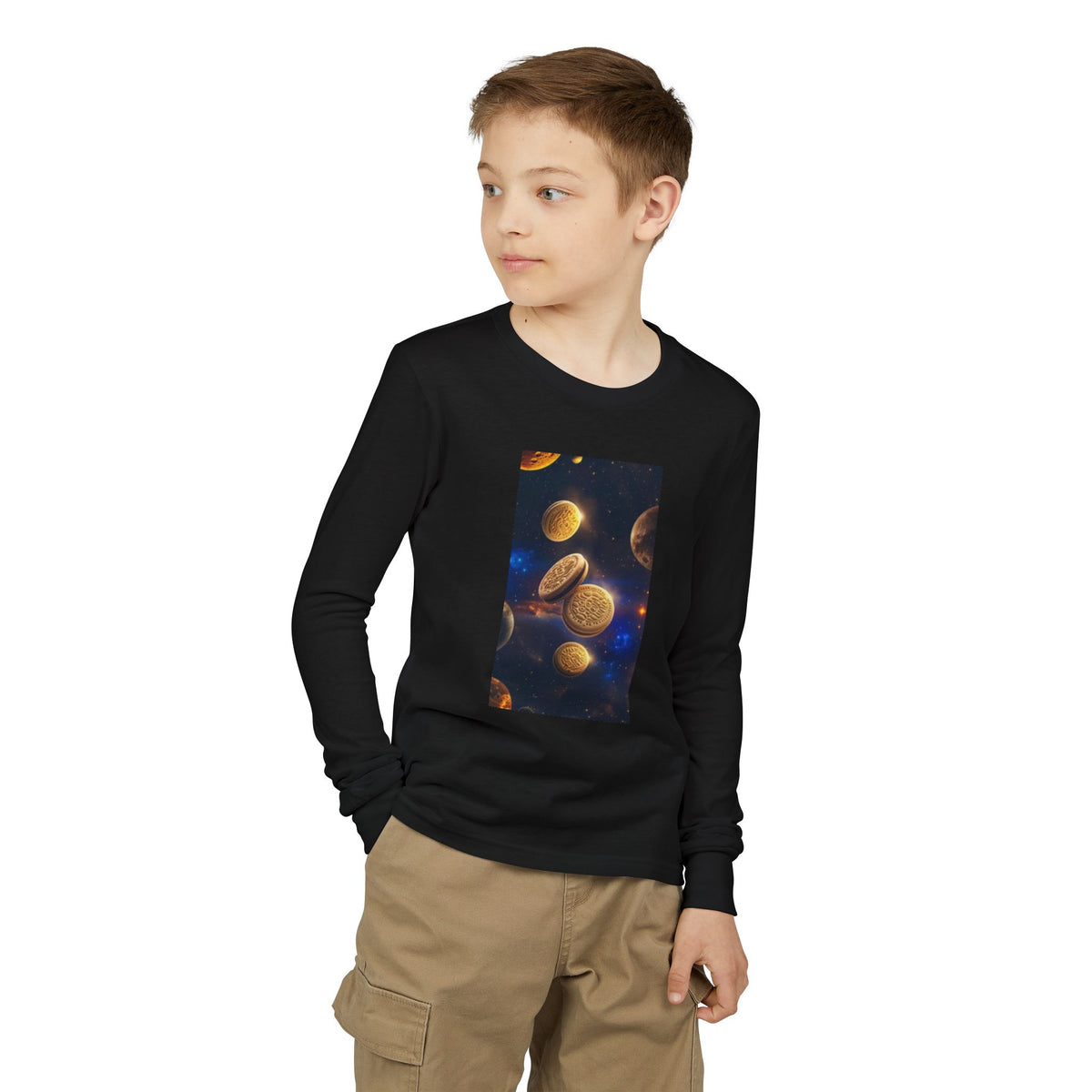 Youth Long Sleeve Tee — Floating Golden Coins Space Graphic