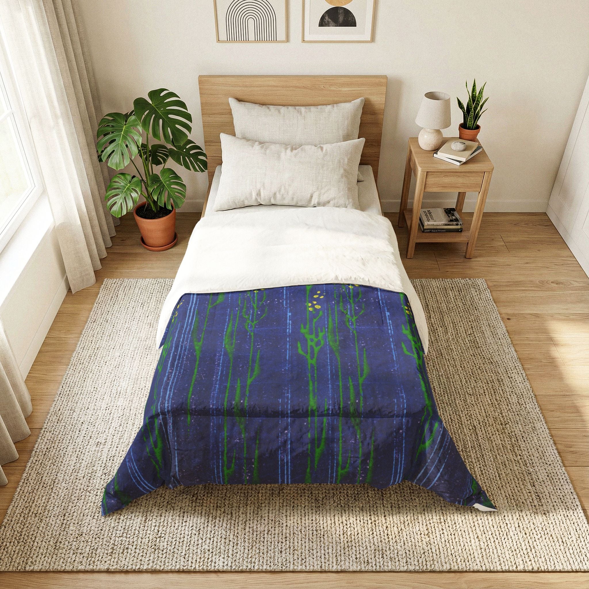 Blue Floral Cotton Comforter — Hand-Painted Meadow Stripe Bedding