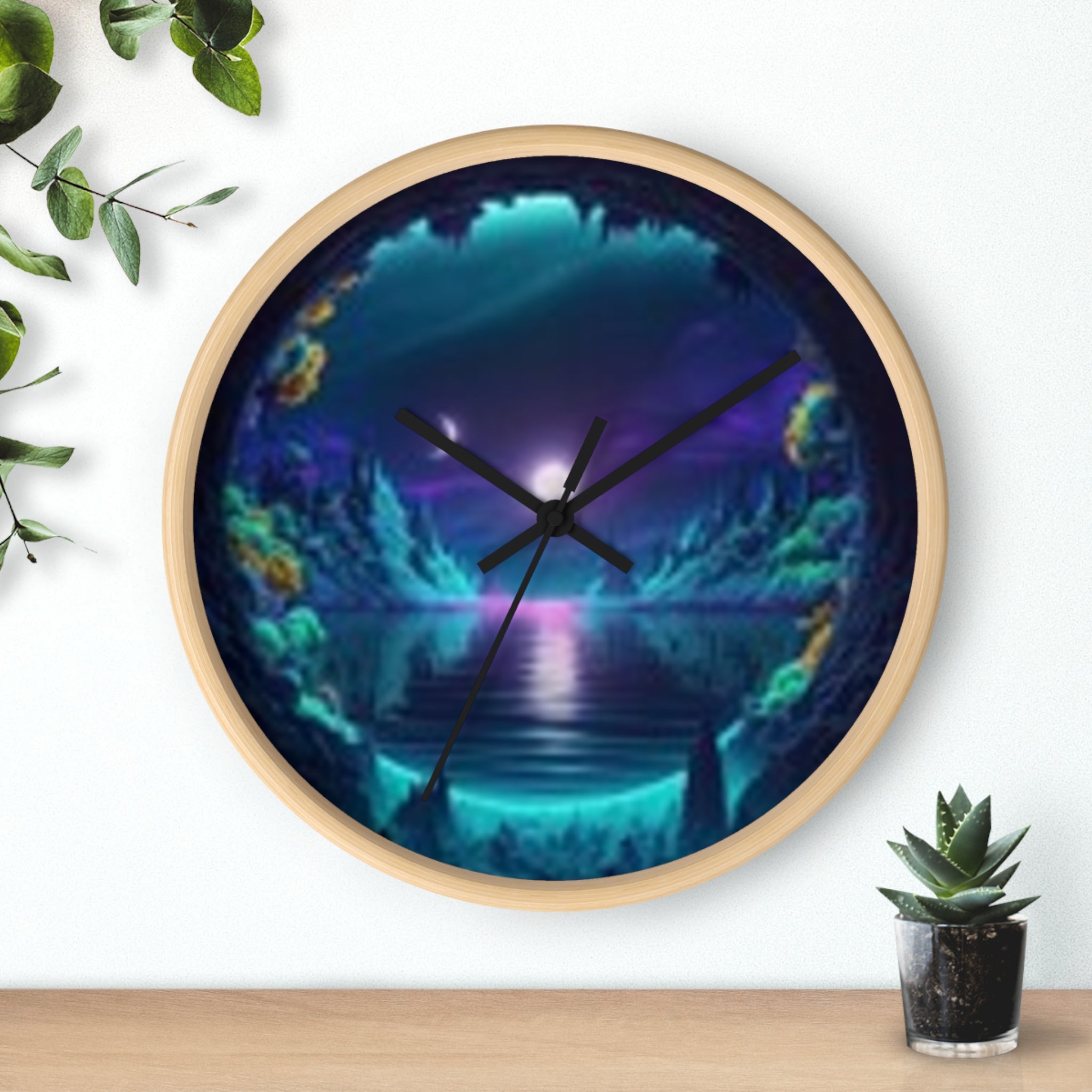Mystic Cavern Wall Clock — Neon Moonlit Lake Art
