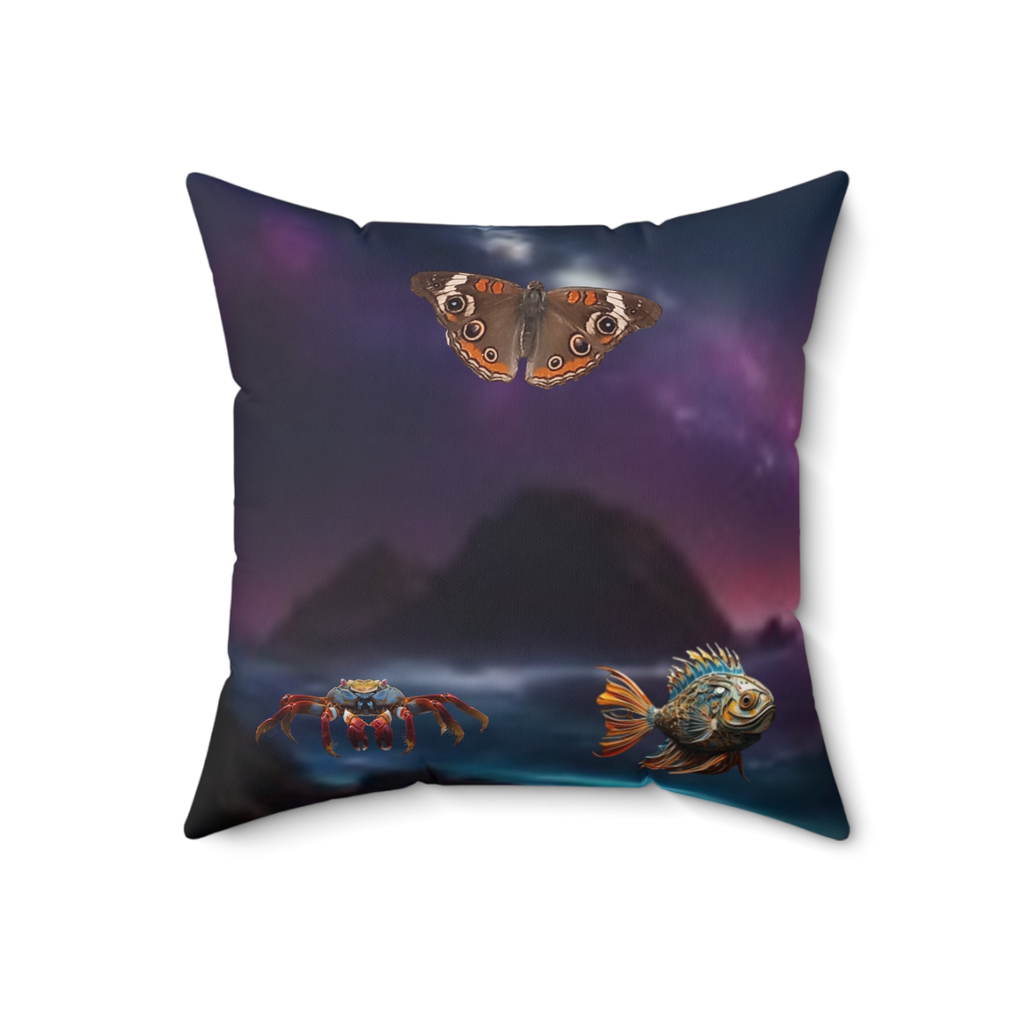 Square Pillow — Surreal Moonlit Beach Design (Butterfly, Fish & Palm)