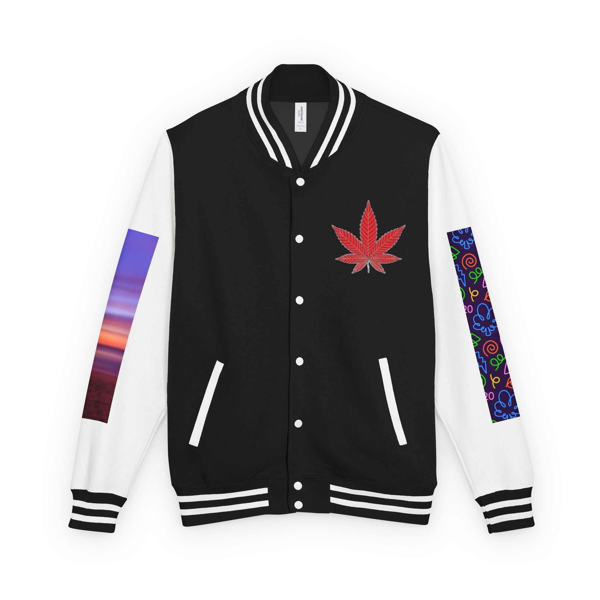Letterman Jacket — Retro 'All You Need Is Love' Hippie Van & Cannabis Leaf Design