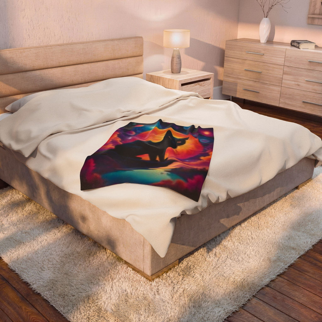 Mystic Black Cat Velveteen Plush Blanket — Cosmic Moonlight Throw