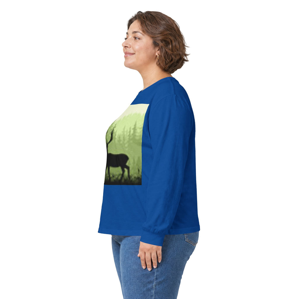 Forest Deer Sunset Long Sleeve Tee — Nature Silhouette Graphic Shirt