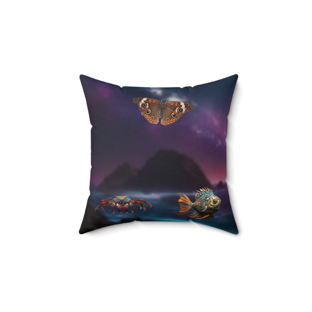 Square Pillow — Surreal Moonlit Beach Design (Butterfly, Fish & Palm)