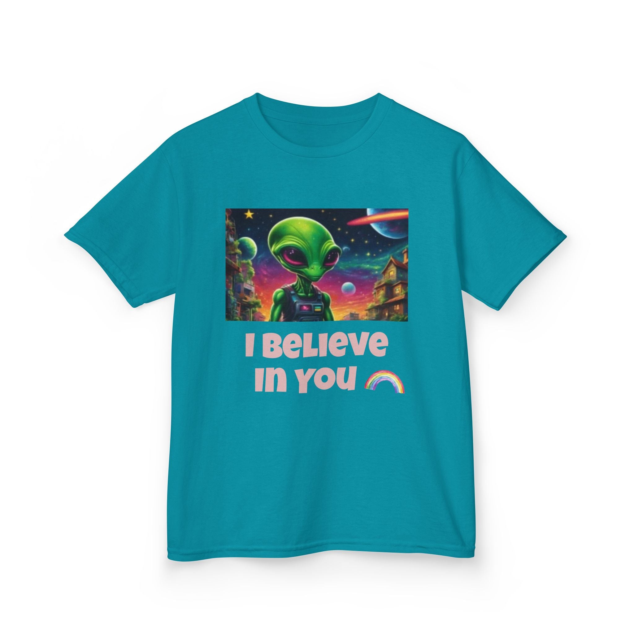 Kids Alien Space I Believe in You T-shirt — Colorful Extraterrestrial Galaxy Shirt