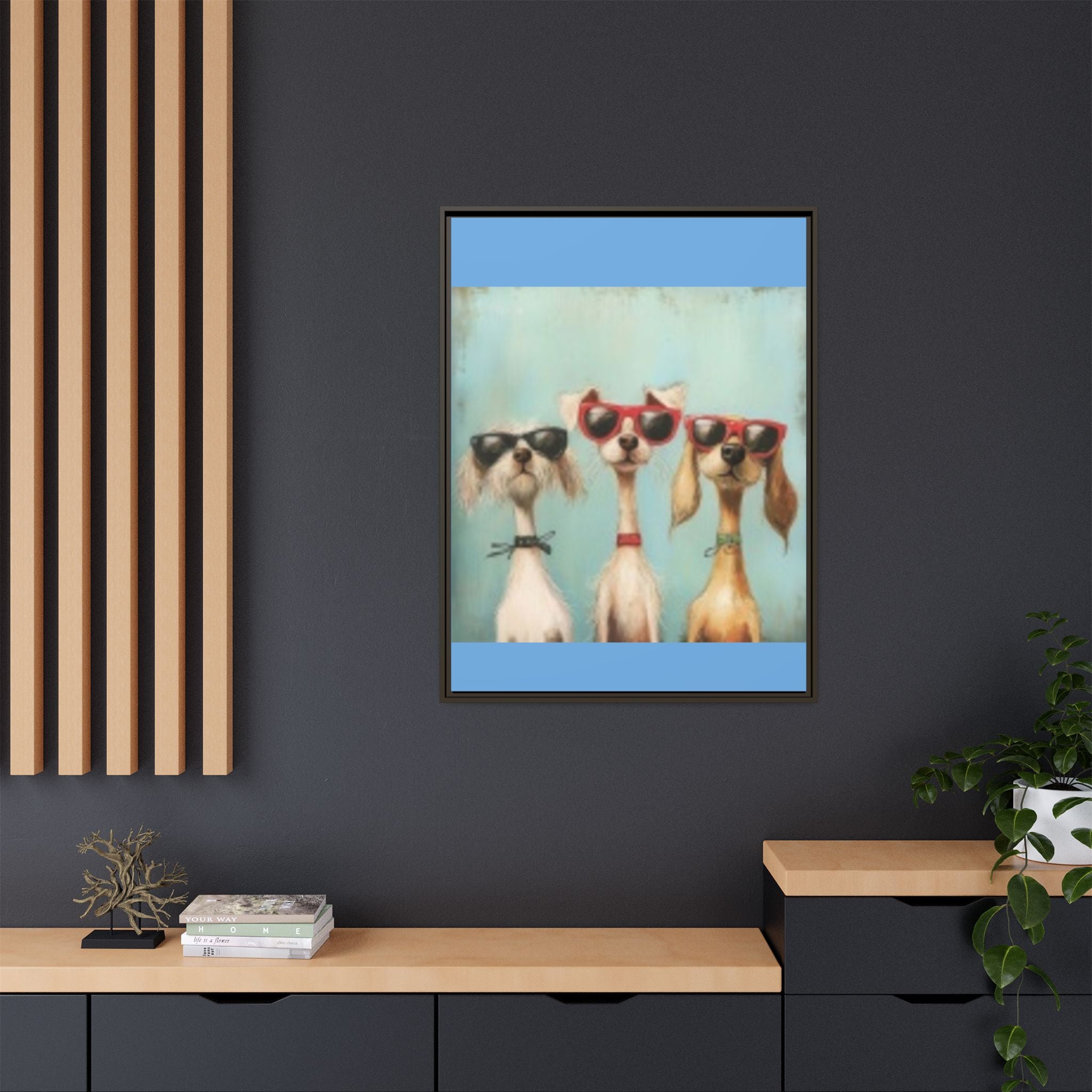 Framed Matte Canvas — Three Cool Dogs in Sunglasses Wall Art