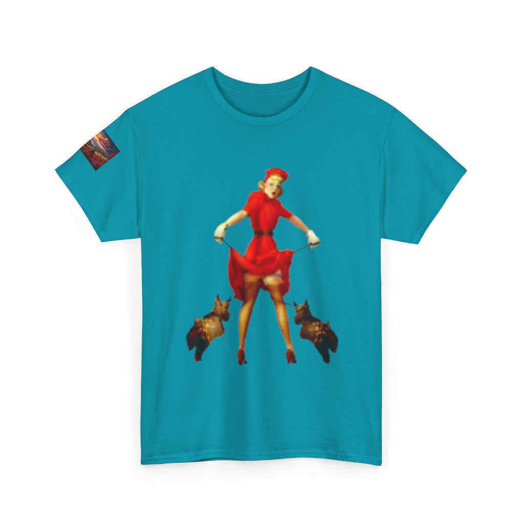 Pin-Up Girl Tee with French Bulldogs — Retro 1950s Rockabilly Fashion T-Shirt