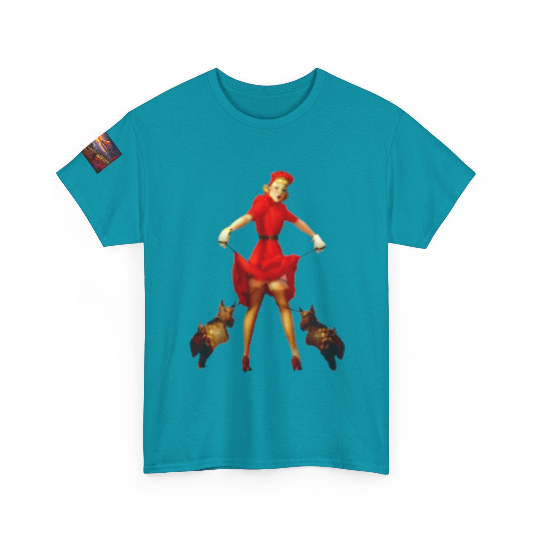 Pin-Up Girl Tee with French Bulldogs — Retro 1950s Rockabilly Fashion T-Shirt