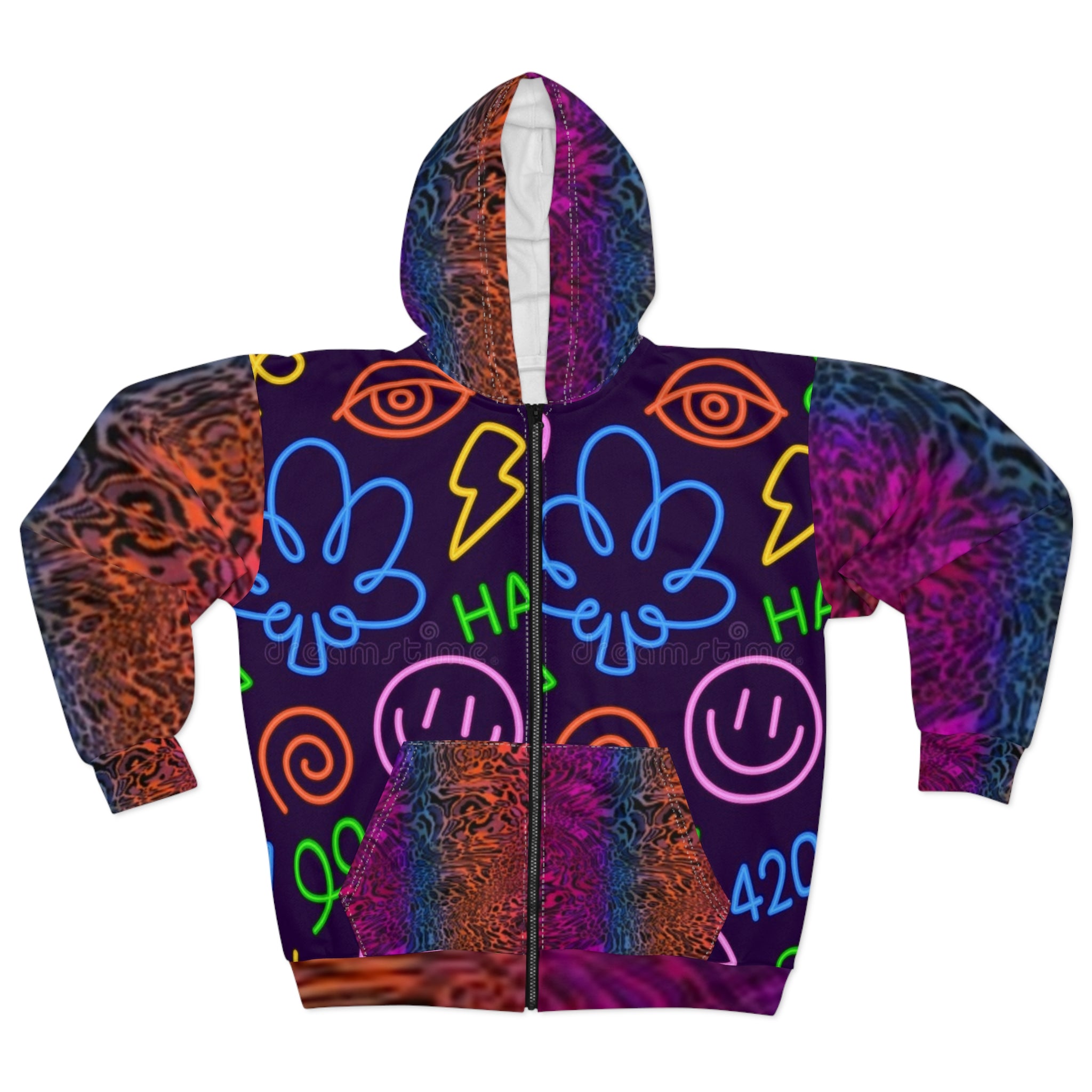 Psychedelic Horse Zip Hoodie — Neon Smile & Rainbow Mane All-Over Print