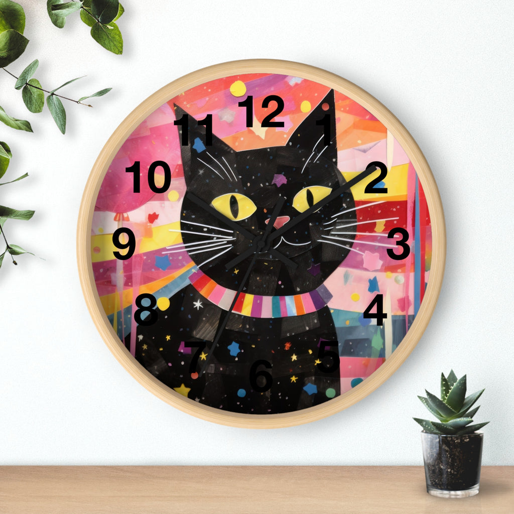Black Cat Wall Clock — Colorful Retro Cat Clock with Yellow Eyes
