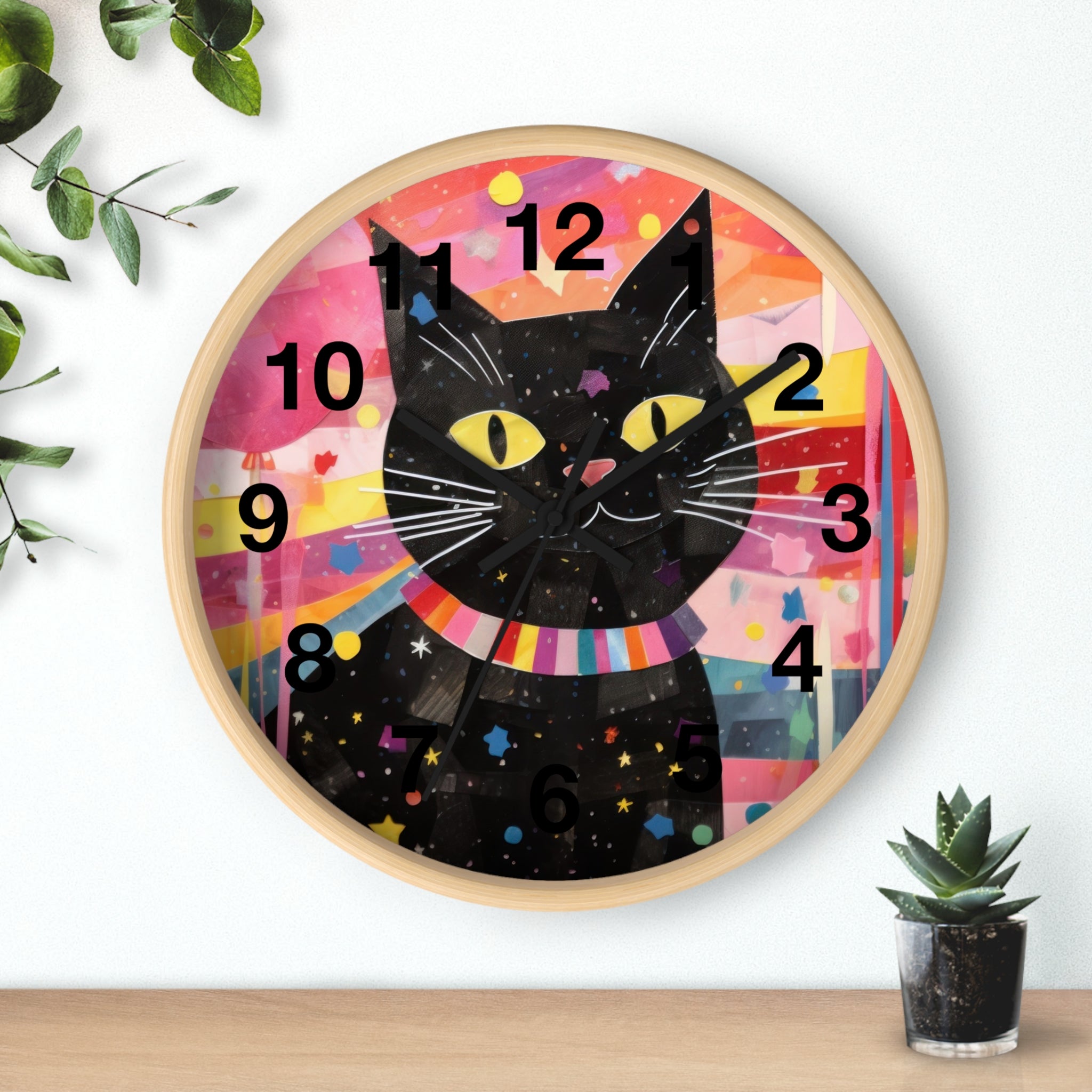Black Cat Wall Clock — Colorful Retro Cat Clock with Yellow Eyes