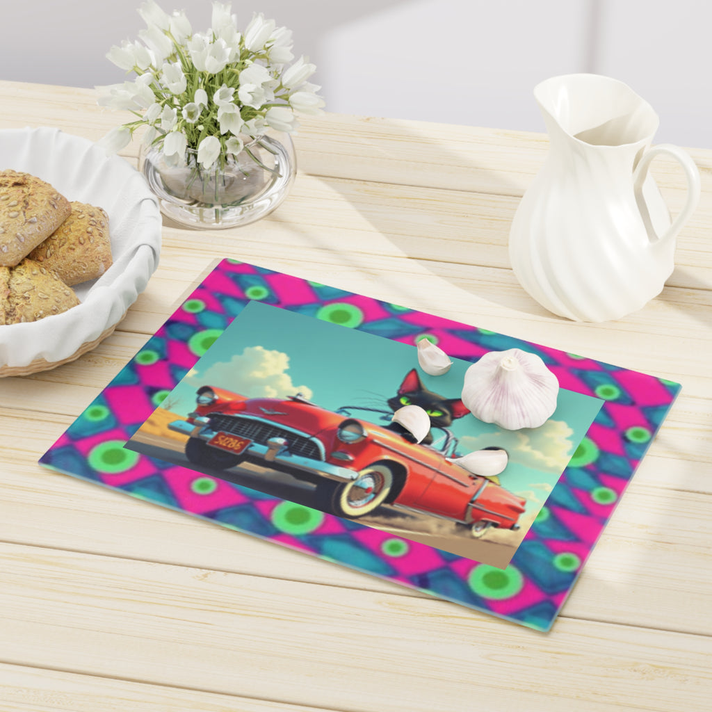 Retro Cat Driving Red Convertible Cutting Board — Funky Neon Border Kitchen Decor