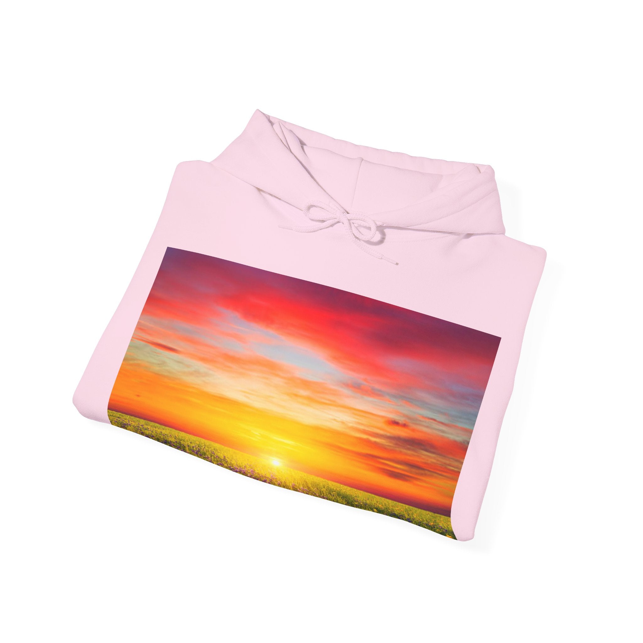 Sunrise Meadow & Horse Graphic Hoodie — Scenic Sunset Landscape and Saddled Horse Print