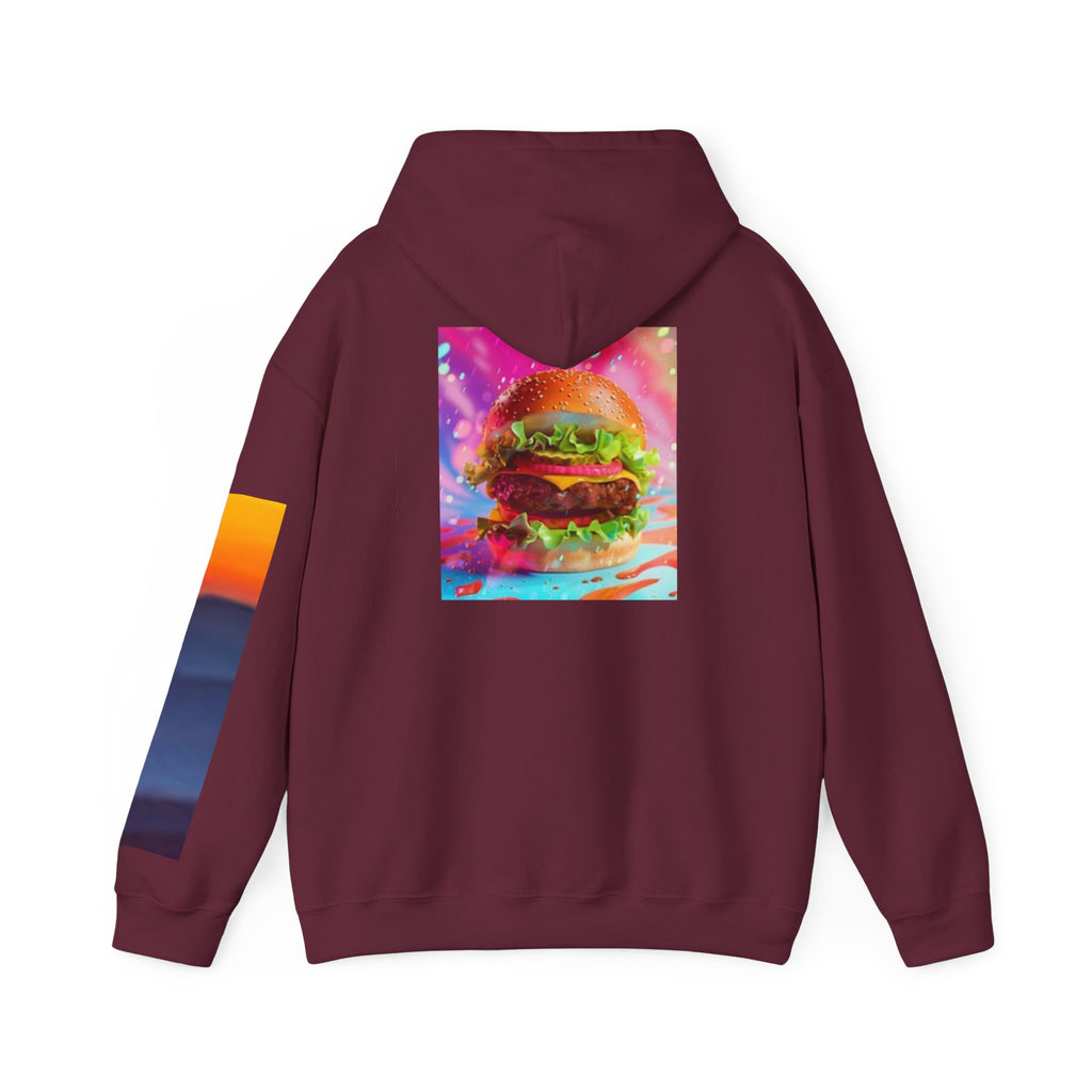 Cosmic Burger Hoodie — Retro Neon Cheeseburger Graphic Pullover