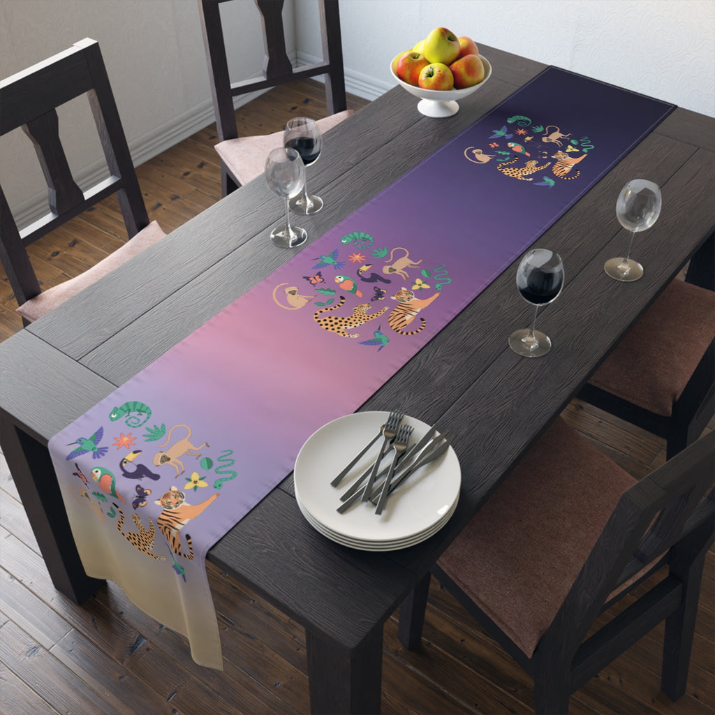Tropical Jungle Table Runner — Gradient Purple with Tigers & Parrots