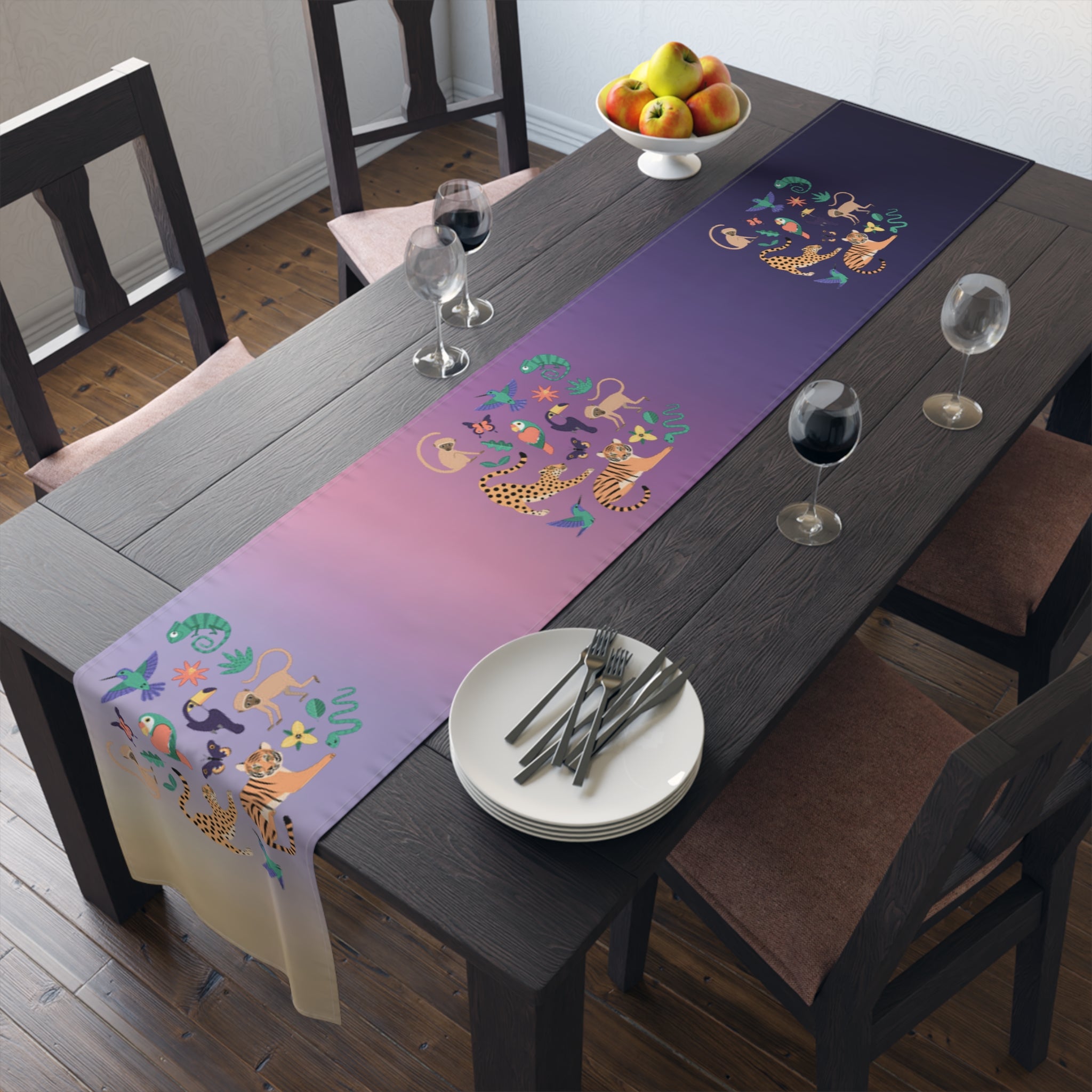 Tropical Jungle Table Runner — Gradient Purple with Tigers & Parrots