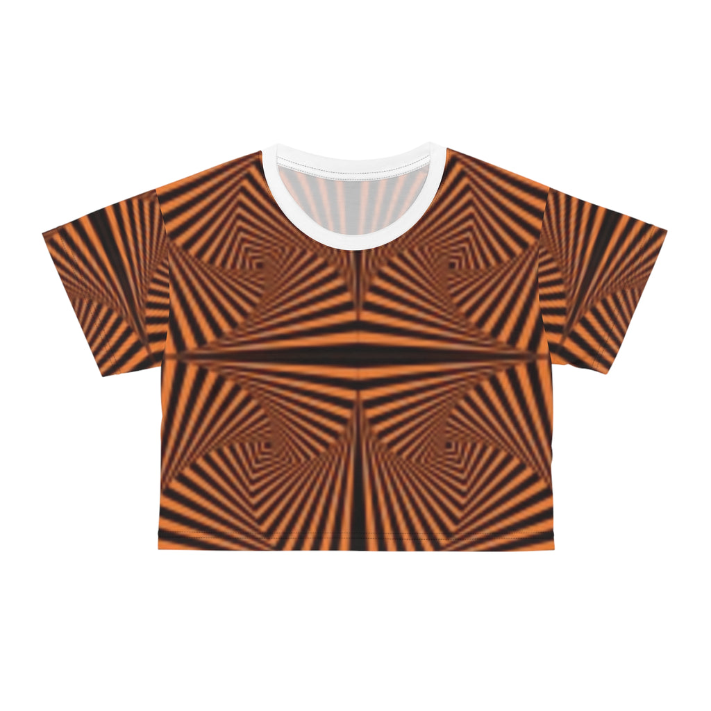 Optical Illusion Orange Geo Crop Tee — Retro Psychedelic Patterned Women's Top