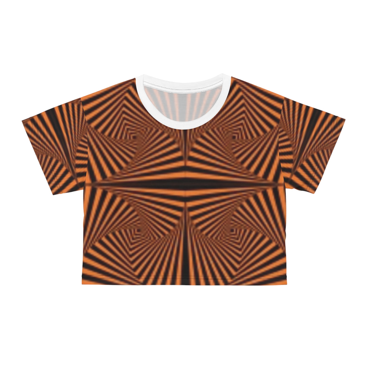 Optical Illusion Orange Geo Crop Tee — Retro Psychedelic Patterned Women's Top