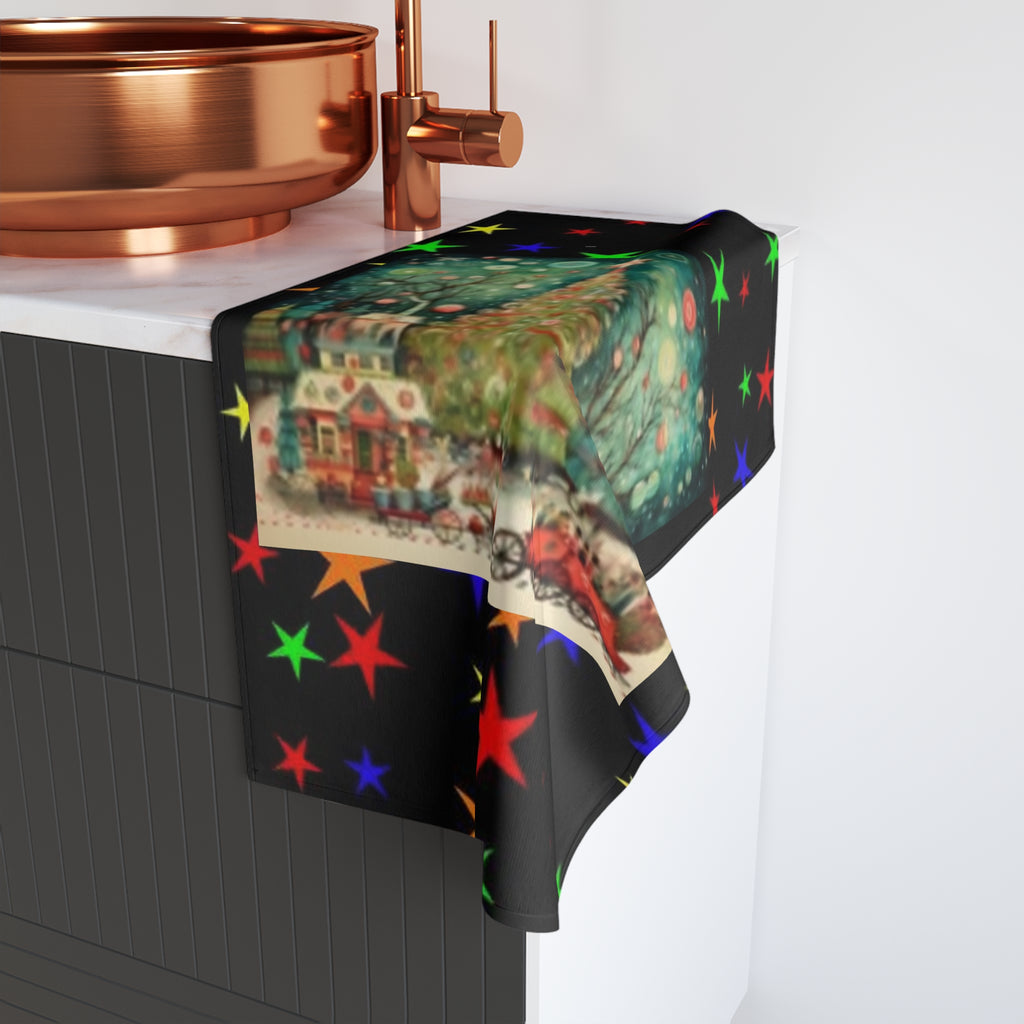 Christmas Village Hand Towel – Vintage Tree & Carriage Holiday Kitchen Towel