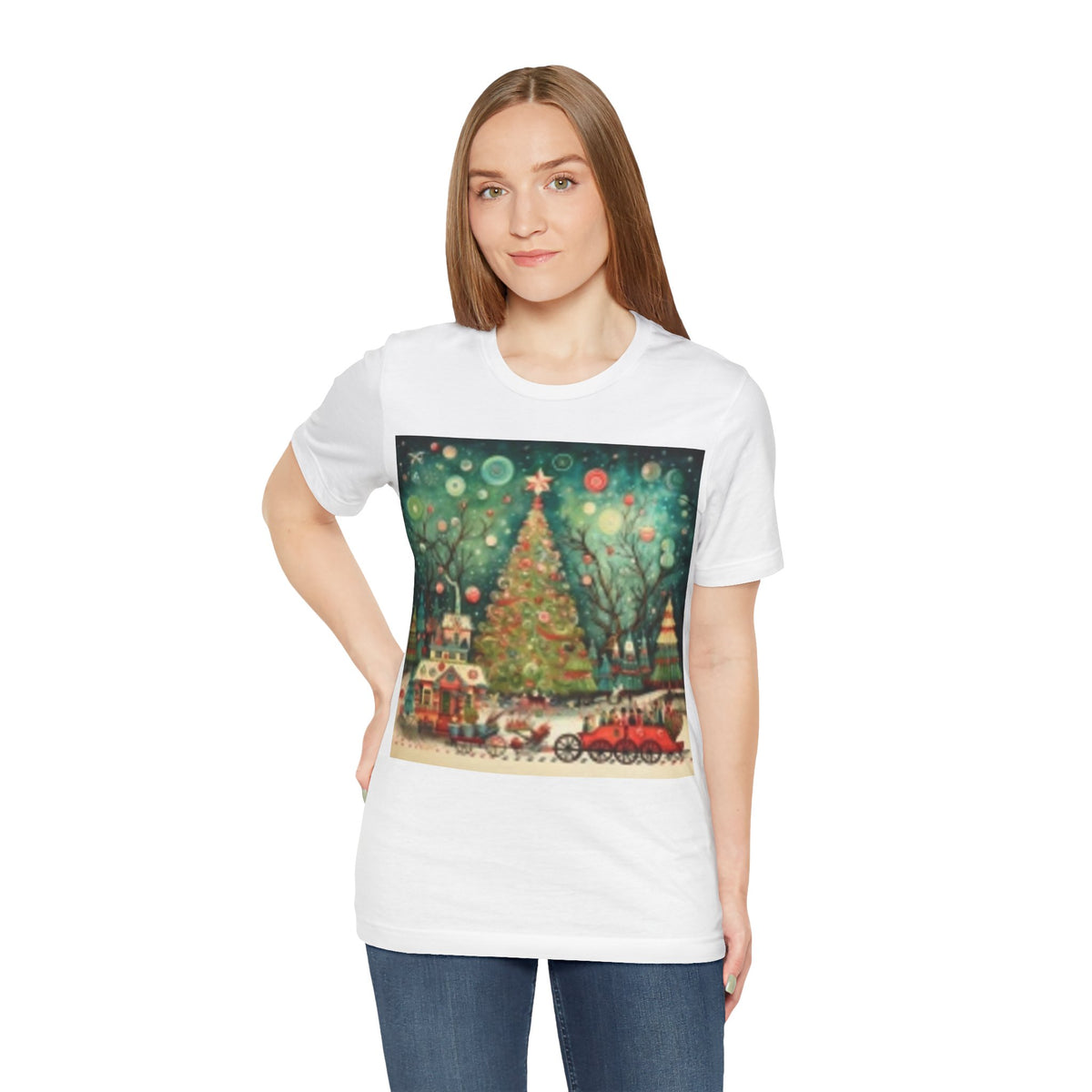 Christmas Tree Vintage Scene Tee — Holiday Village Carriage Design