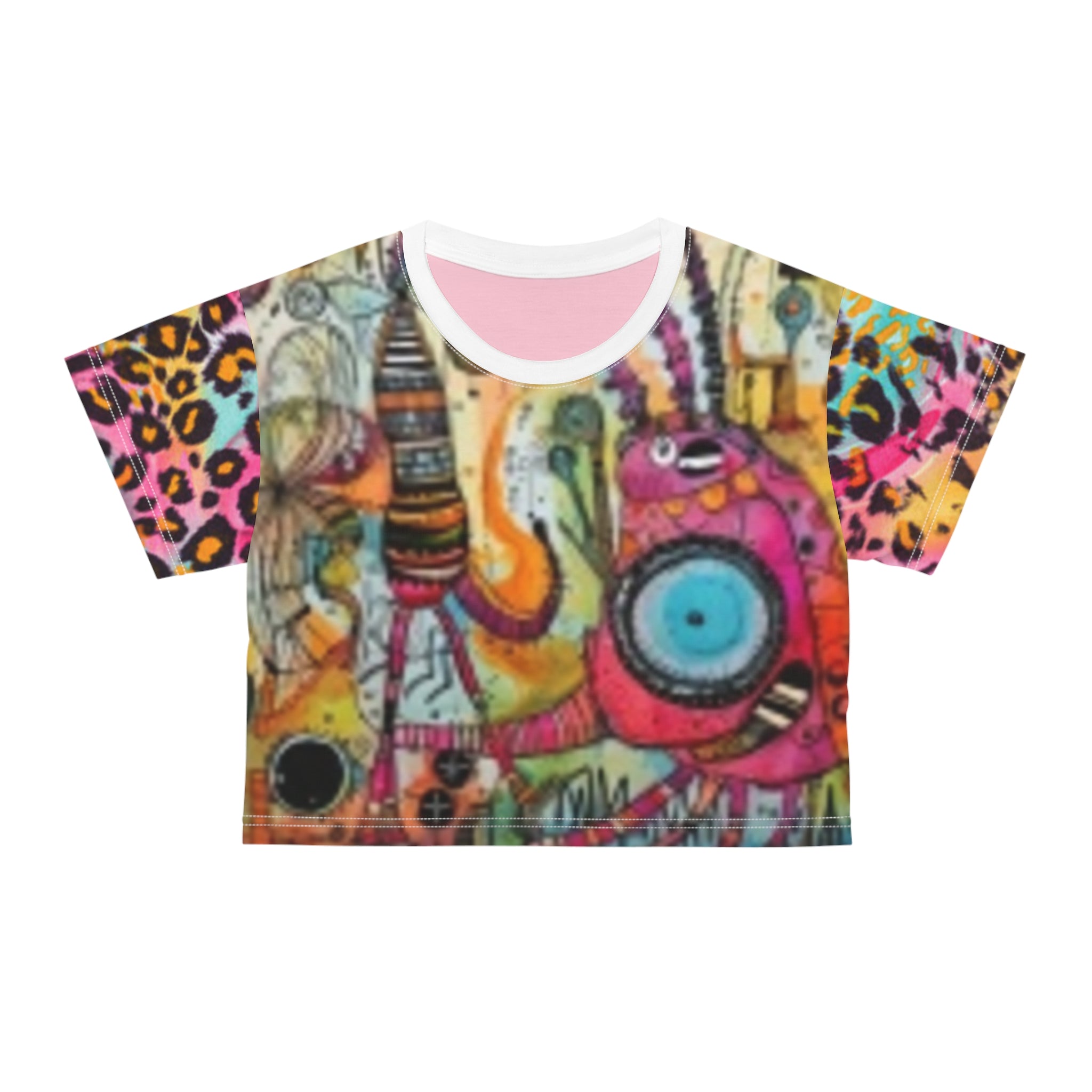 Colorful Boho Crop Tee — Vibrant Abstract Animal & Leopard Print AOP