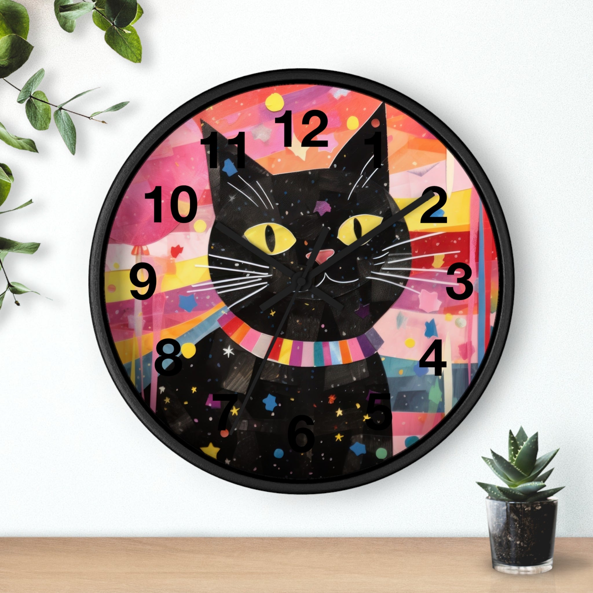 Black Cat Wall Clock — Colorful Retro Cat Clock with Yellow Eyes