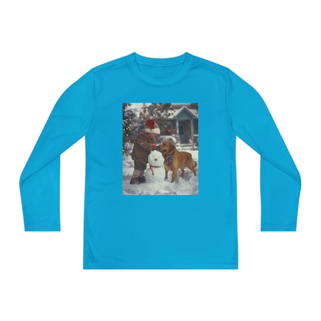 Youth Long Sleeve Tee — Christmas~Vintage Snow Day Kids Shirt with Snowman and Dog