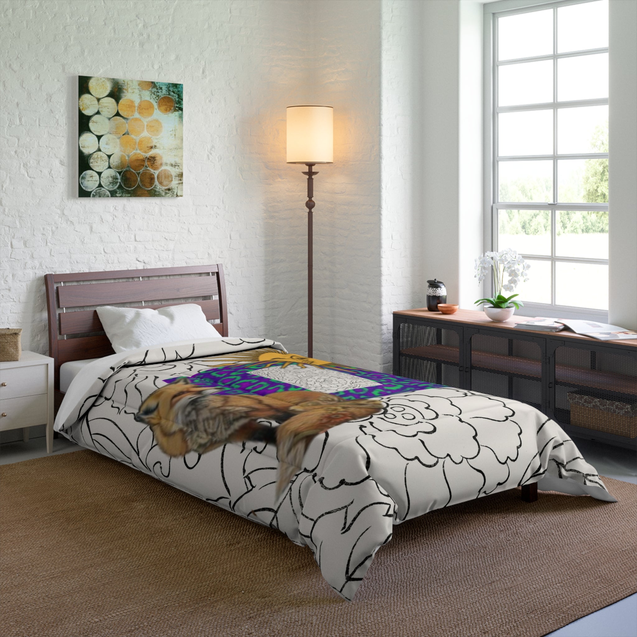 Red Fox Sun with Face Vibrant Purple & Teal Leopard Comforter -  Bedding