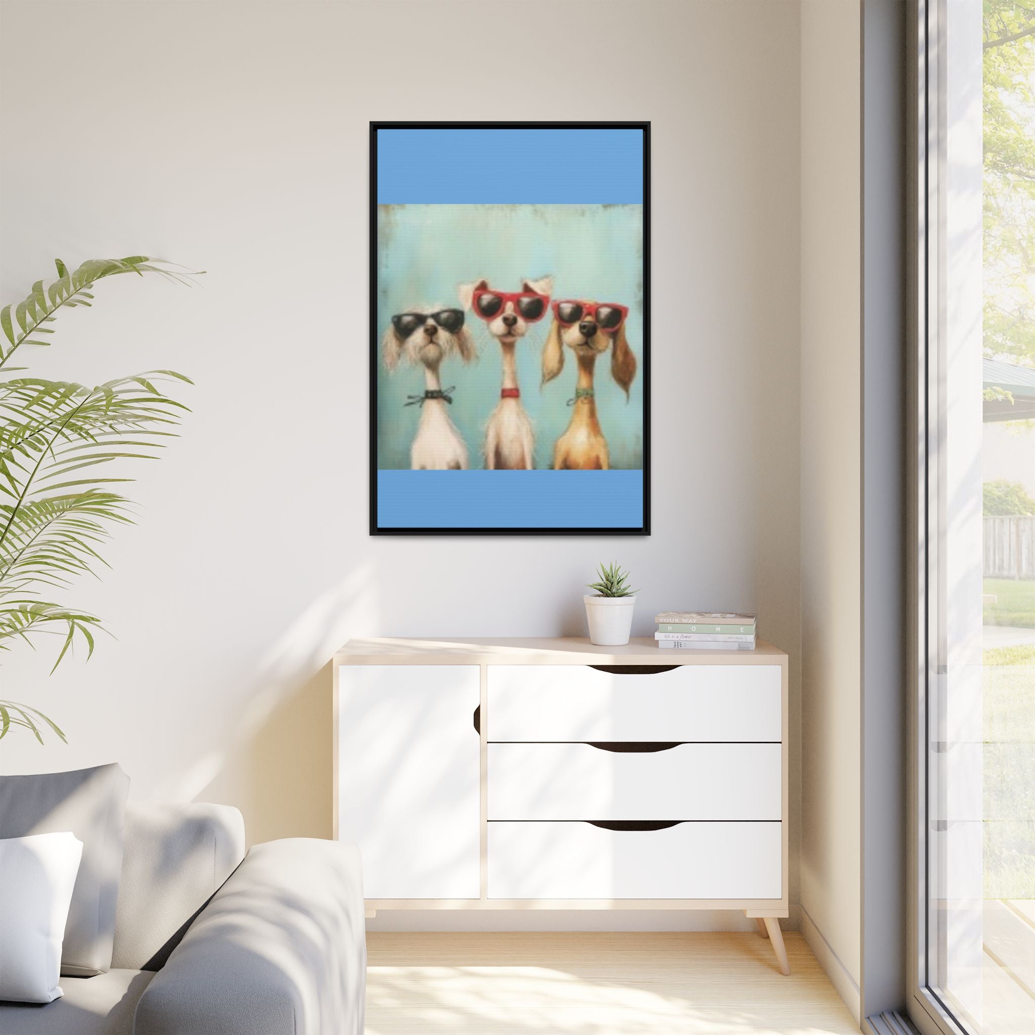 Framed Matte Canvas — Three Cool Dogs in Sunglasses Wall Art